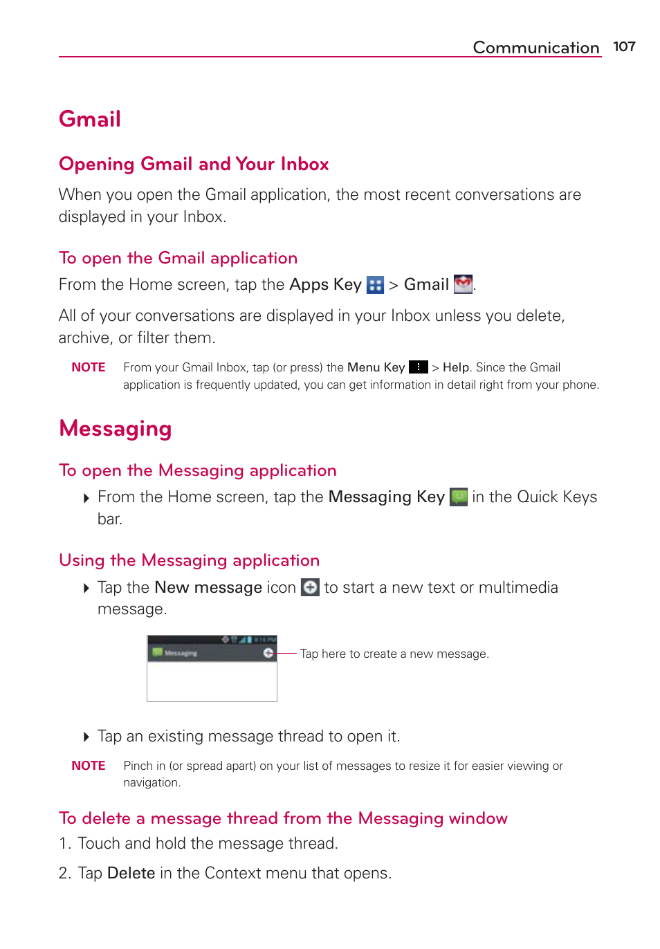 Gmail, Messaging, Gmail messaging | Opening gmail and your inbox | LG LGVS890 User Manual | Page 109 / 231