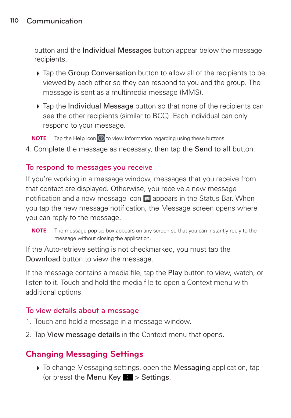 Changing messaging settings, Communication | LG LGVS890 User Manual | Page 112 / 231