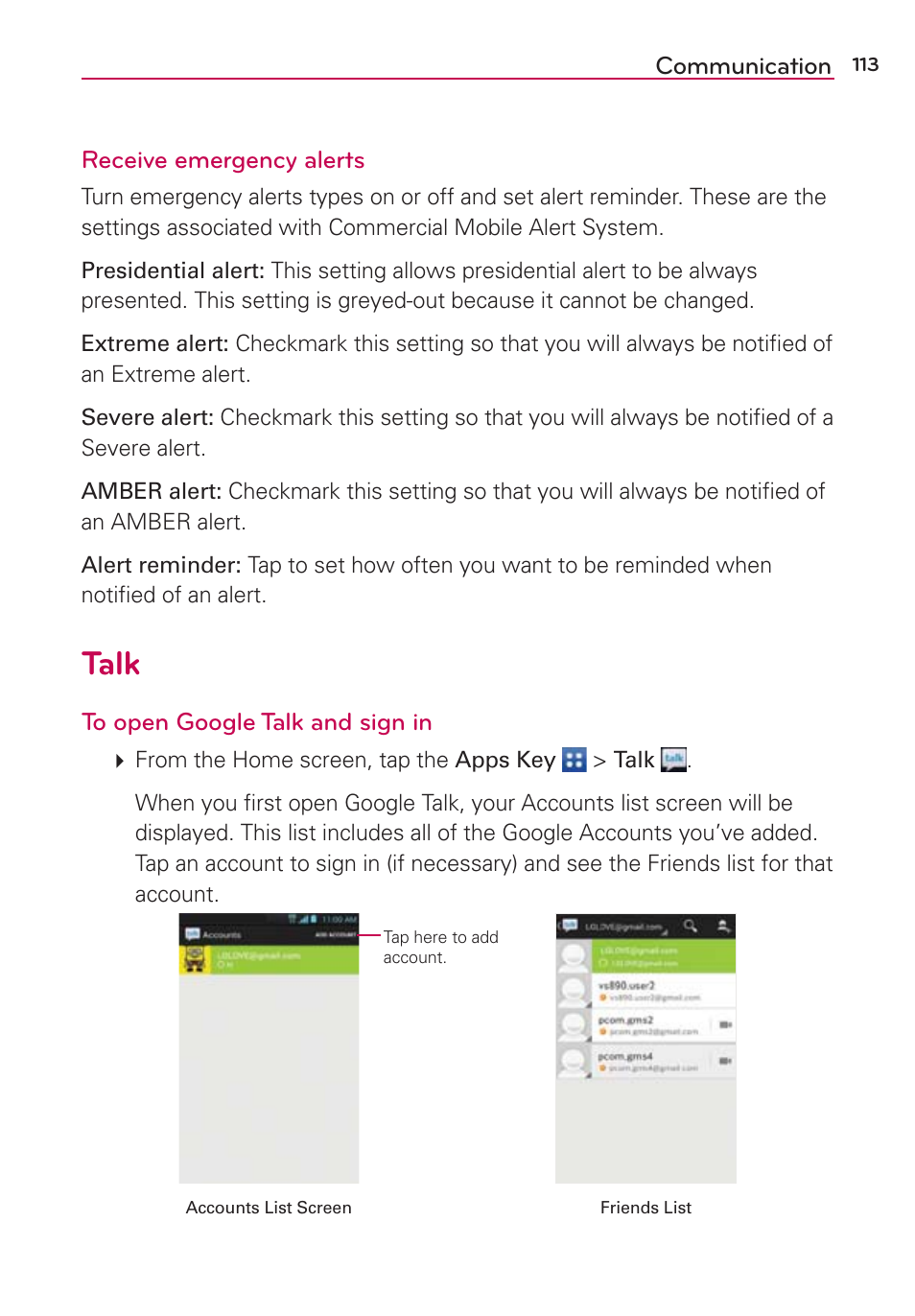 Talk | LG LGVS890 User Manual | Page 115 / 231