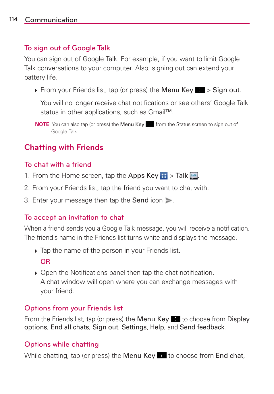 Chatting with friends | LG LGVS890 User Manual | Page 116 / 231