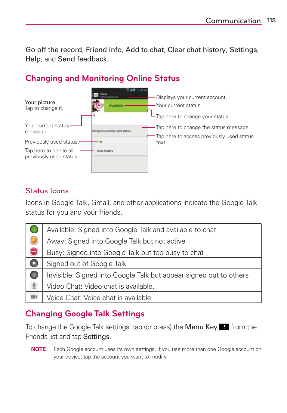 Changing and monitoring online status, Changing google talk settings, Communication | Status icons | LG LGVS890 User Manual | Page 117 / 231