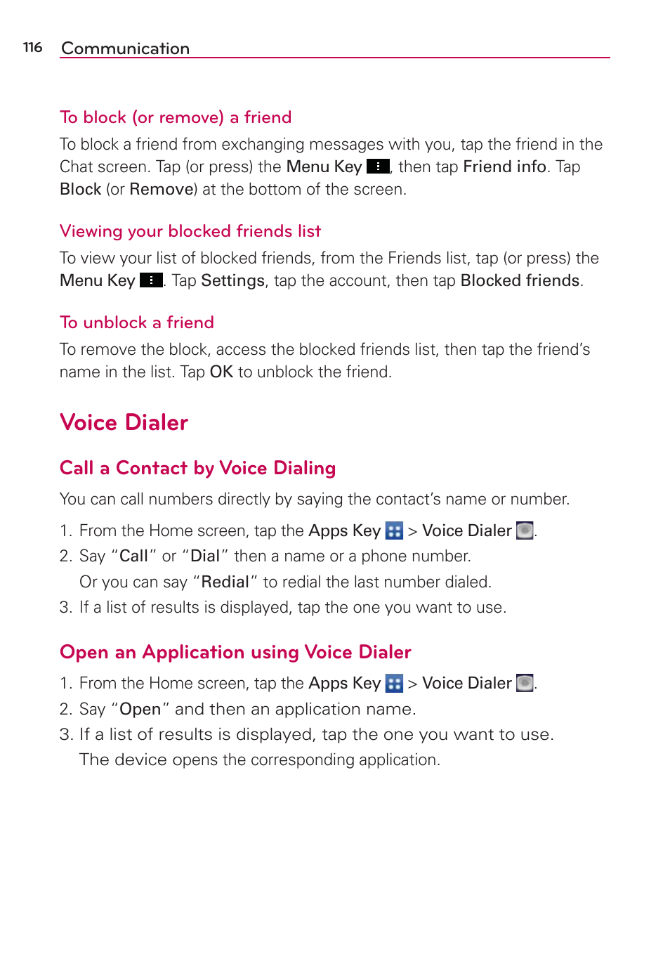 Voice dialer, Call a contact by voice dialing, Open an application using voice dialer | LG LGVS890 User Manual | Page 118 / 231