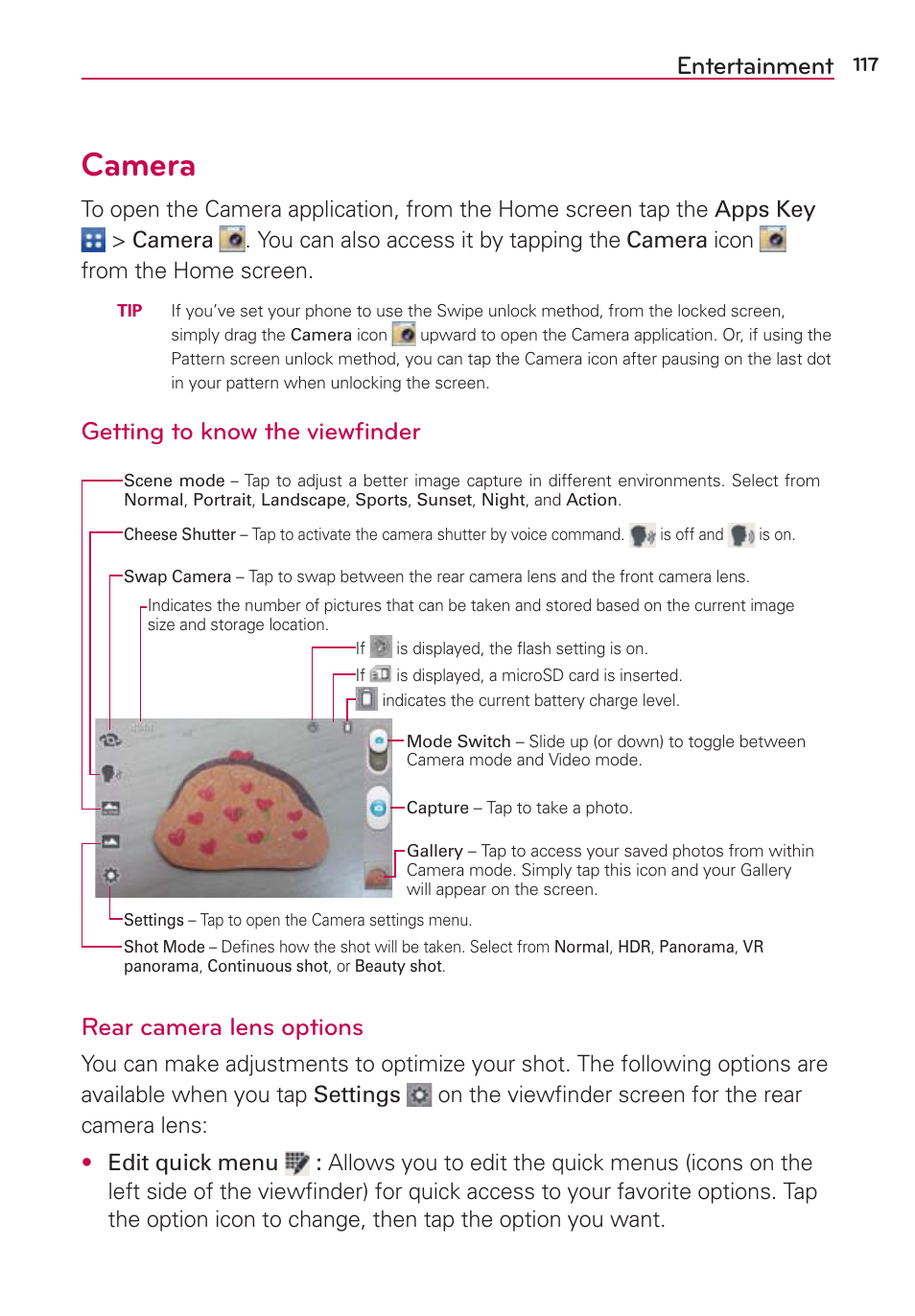 Entertainment, Camera, Getting to know the viewﬁnder | Rear camera lens options | LG LGVS890 User Manual | Page 119 / 231