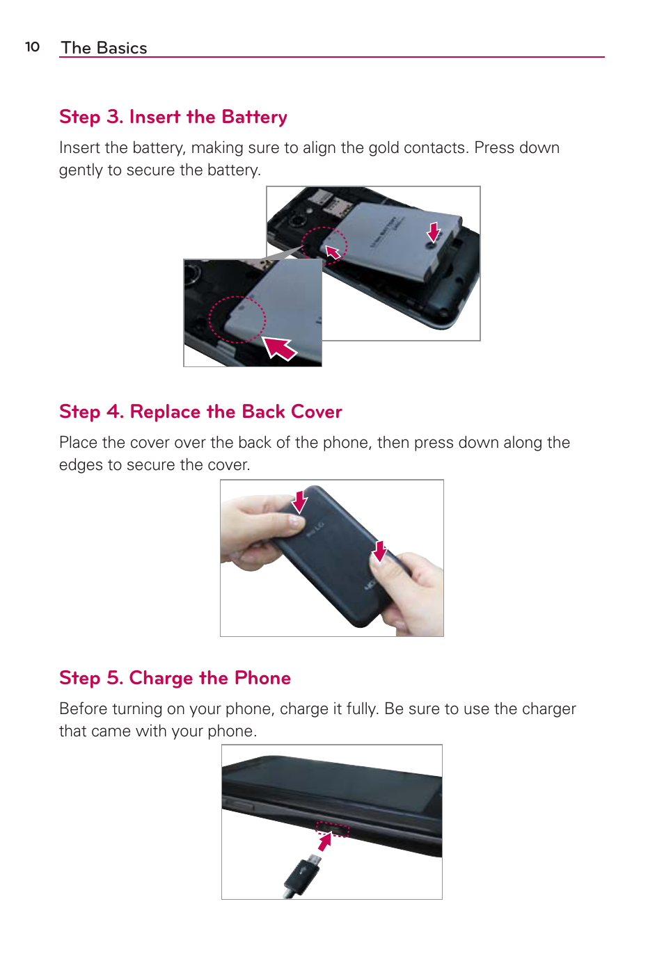 Step 3. insert the battery, Step 4. replace the back cover, Step 5. charge the phone | LG LGVS890 User Manual | Page 12 / 231