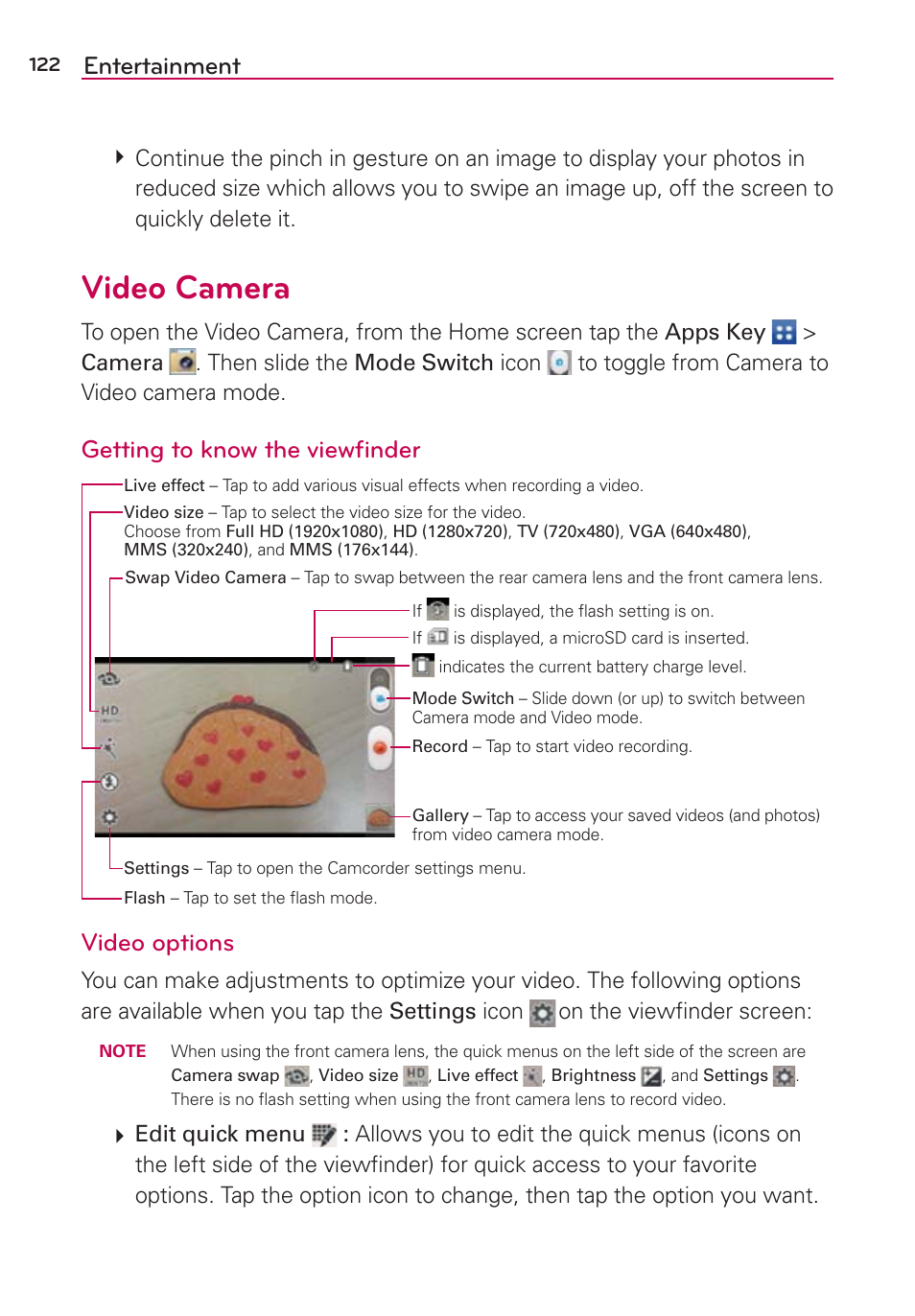 Video camera, Entertainment, Getting to know the viewﬁnder | Video options | LG LGVS890 User Manual | Page 124 / 231