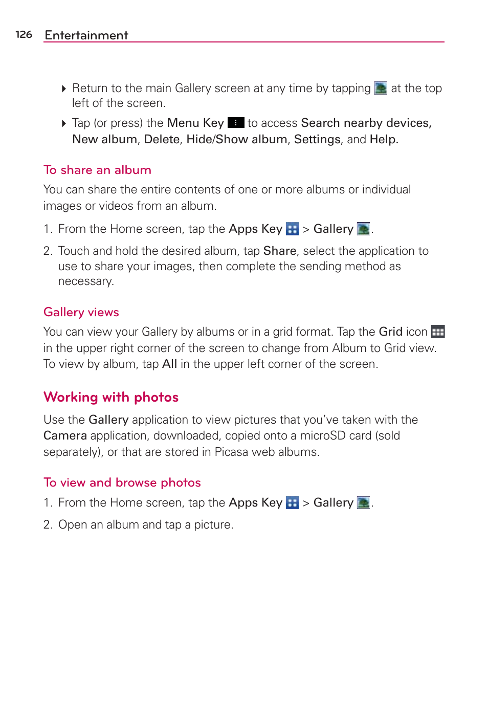 Working with photos | LG LGVS890 User Manual | Page 128 / 231