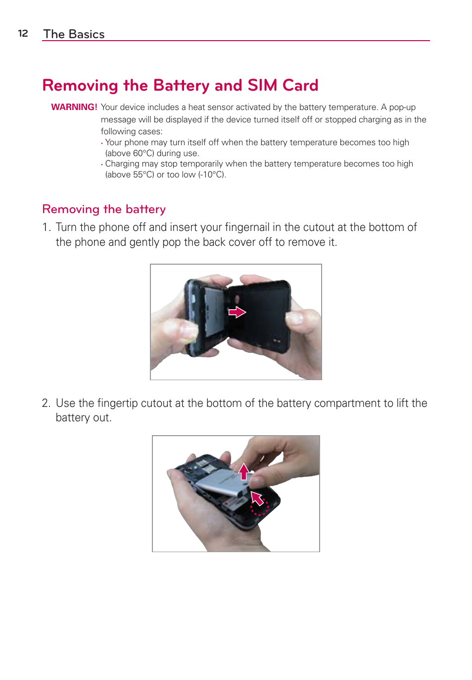 Removing the battery and sim card, The basics, Removing the battery | LG LGVS890 User Manual | Page 14 / 231