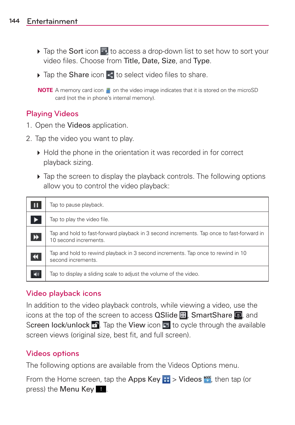Entertainment, Playing videos, Video playback icons | Videos options | LG LGVS890 User Manual | Page 146 / 231