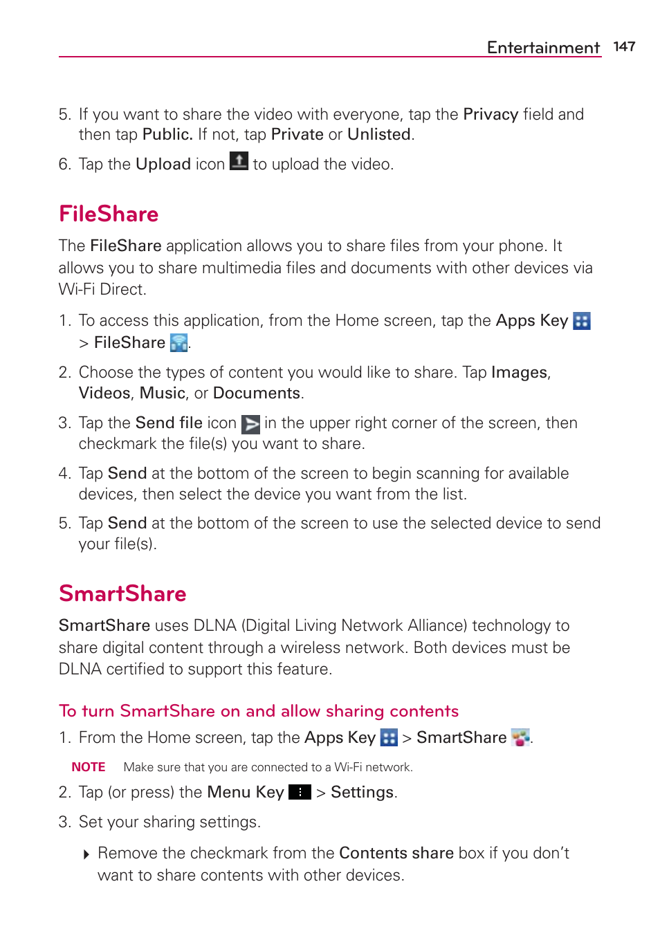 Fileshare, Smartshare, Fileshare smartshare | LG LGVS890 User Manual | Page 149 / 231