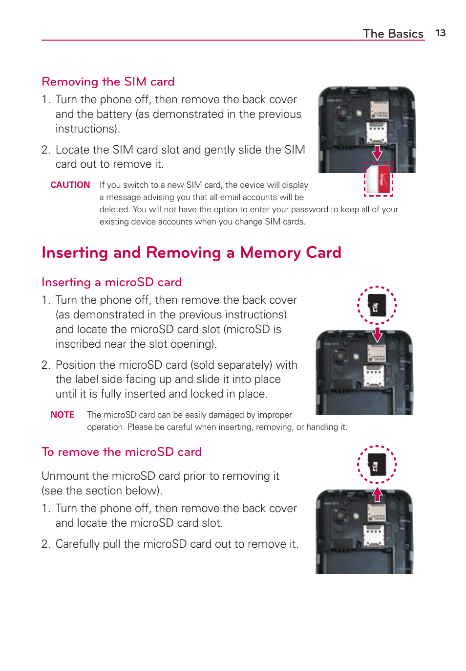 Inserting and removing a memory card, The basics removing the sim card, Inserting a microsd card | LG LGVS890 User Manual | Page 15 / 231