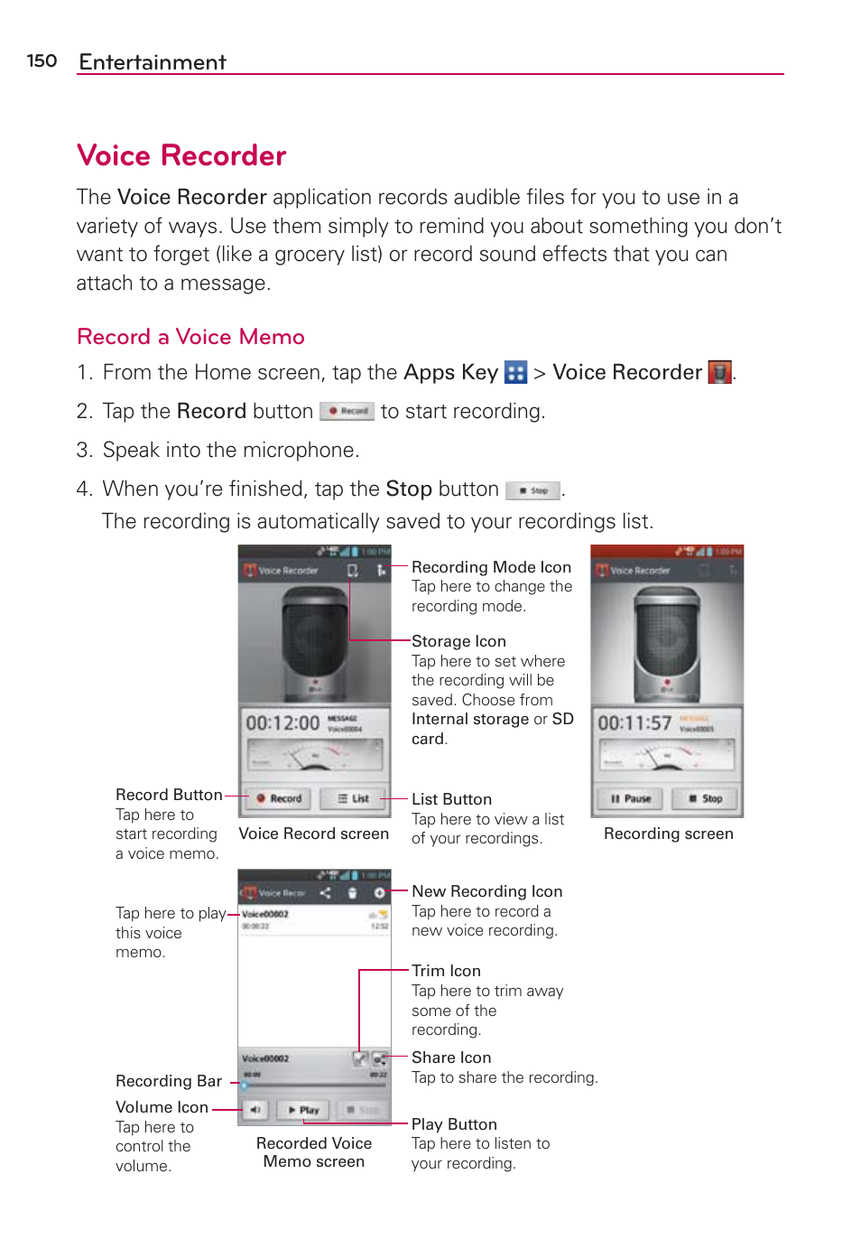 Voice recorder, Entertainment | LG LGVS890 User Manual | Page 152 / 231
