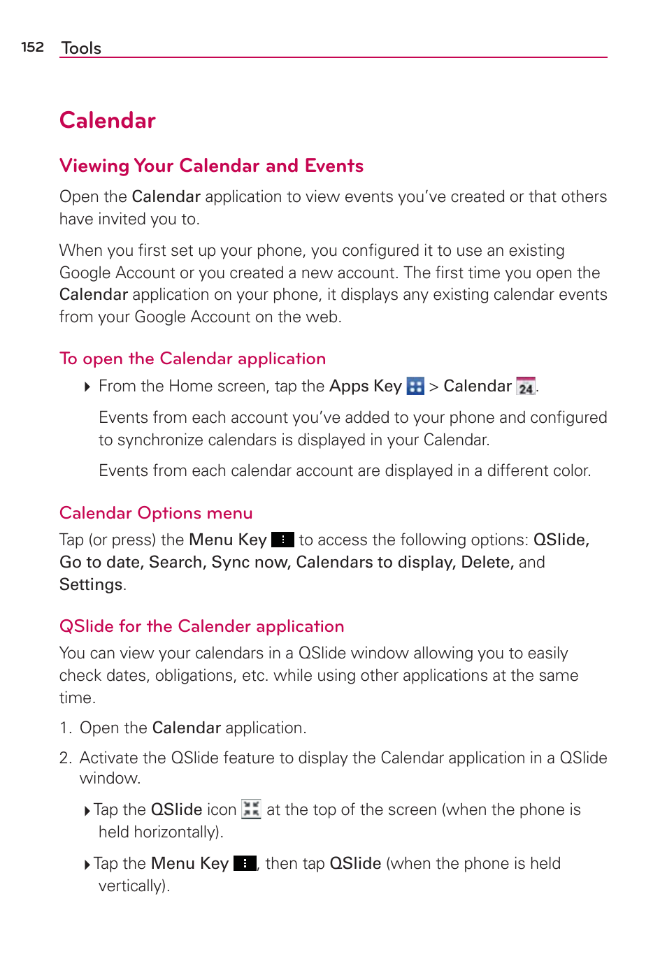 Tools, Calendar, Viewing your calendar and events | LG LGVS890 User Manual | Page 154 / 231