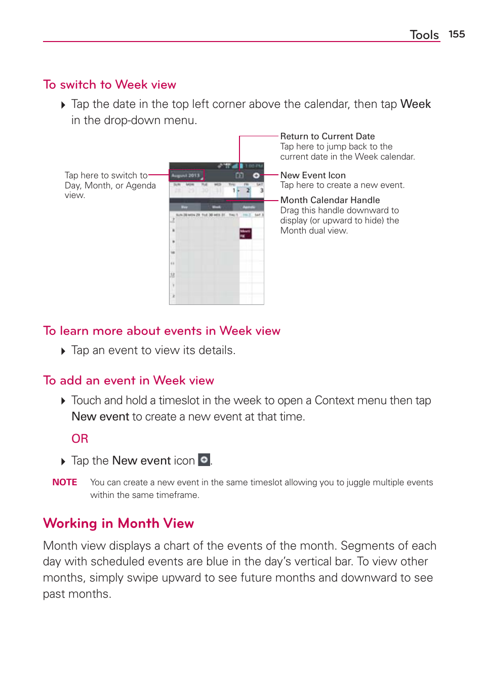 Working in month view, Tools to switch to week view | LG LGVS890 User Manual | Page 157 / 231