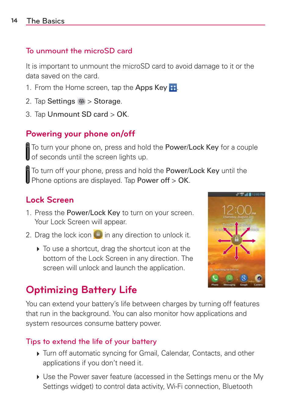 Optimizing battery life, Powering your phone on/off, Lock screen | LG LGVS890 User Manual | Page 16 / 231