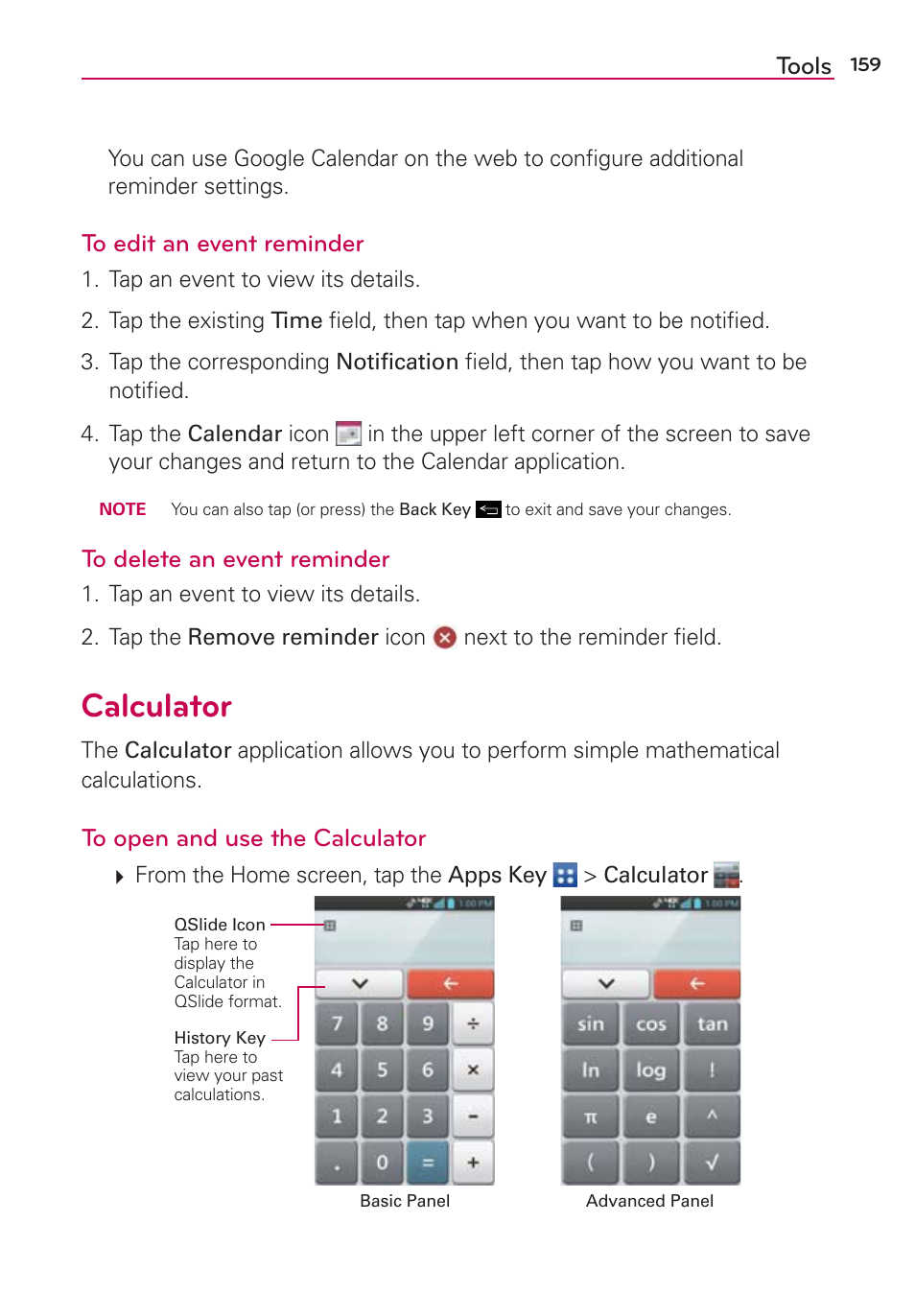 Calculator, Tools | LG LGVS890 User Manual | Page 161 / 231
