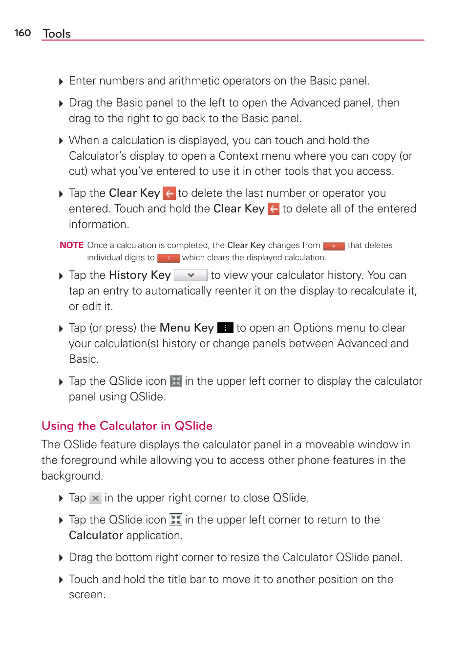 Tools, Using the calculator in qslide | LG LGVS890 User Manual | Page 162 / 231