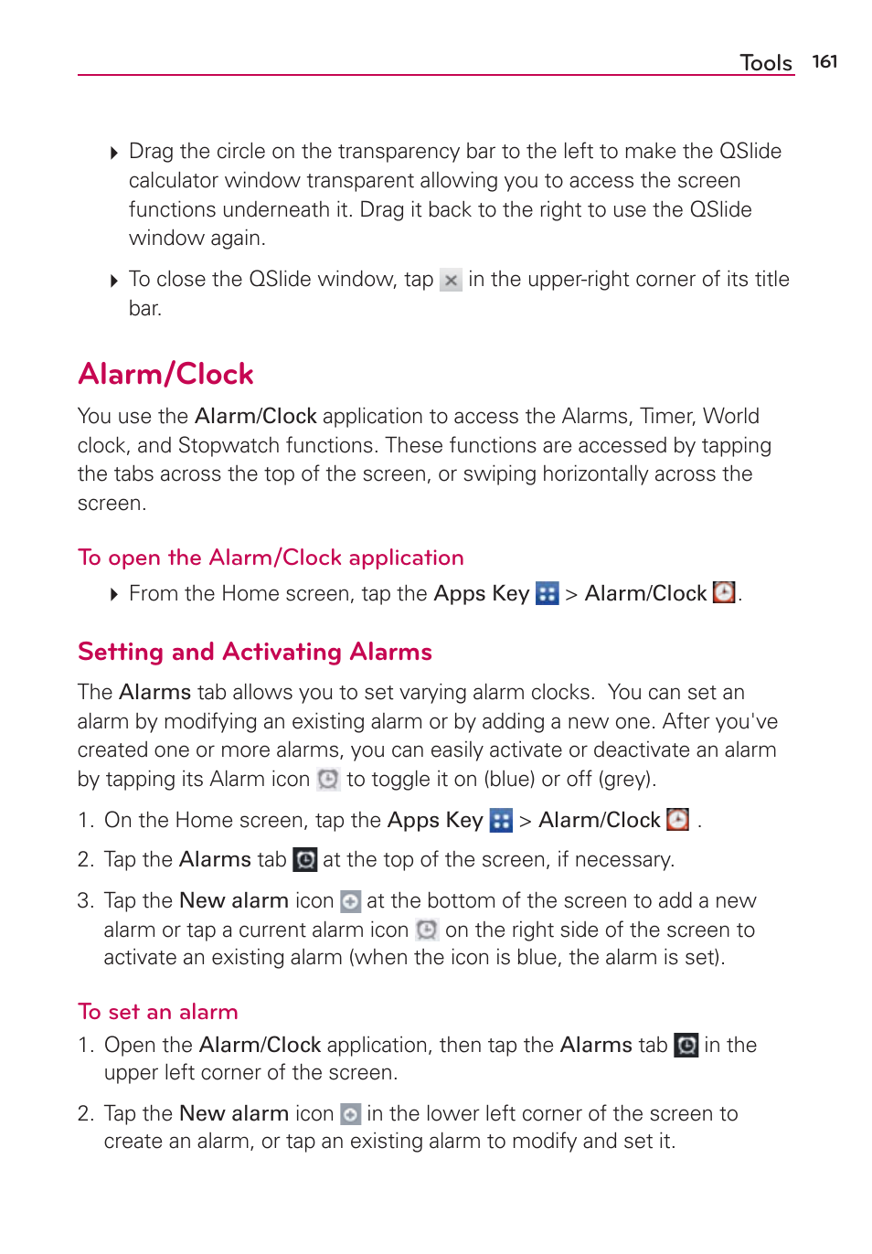 Alarm/clock, Setting and activating alarms | LG LGVS890 User Manual | Page 163 / 231