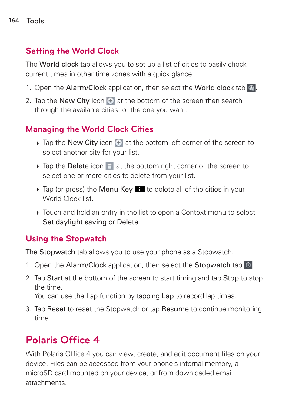 Polaris office 4, Polaris ofﬁce 4, Setting the world clock | Managing the world clock cities, Using the stopwatch | LG LGVS890 User Manual | Page 166 / 231