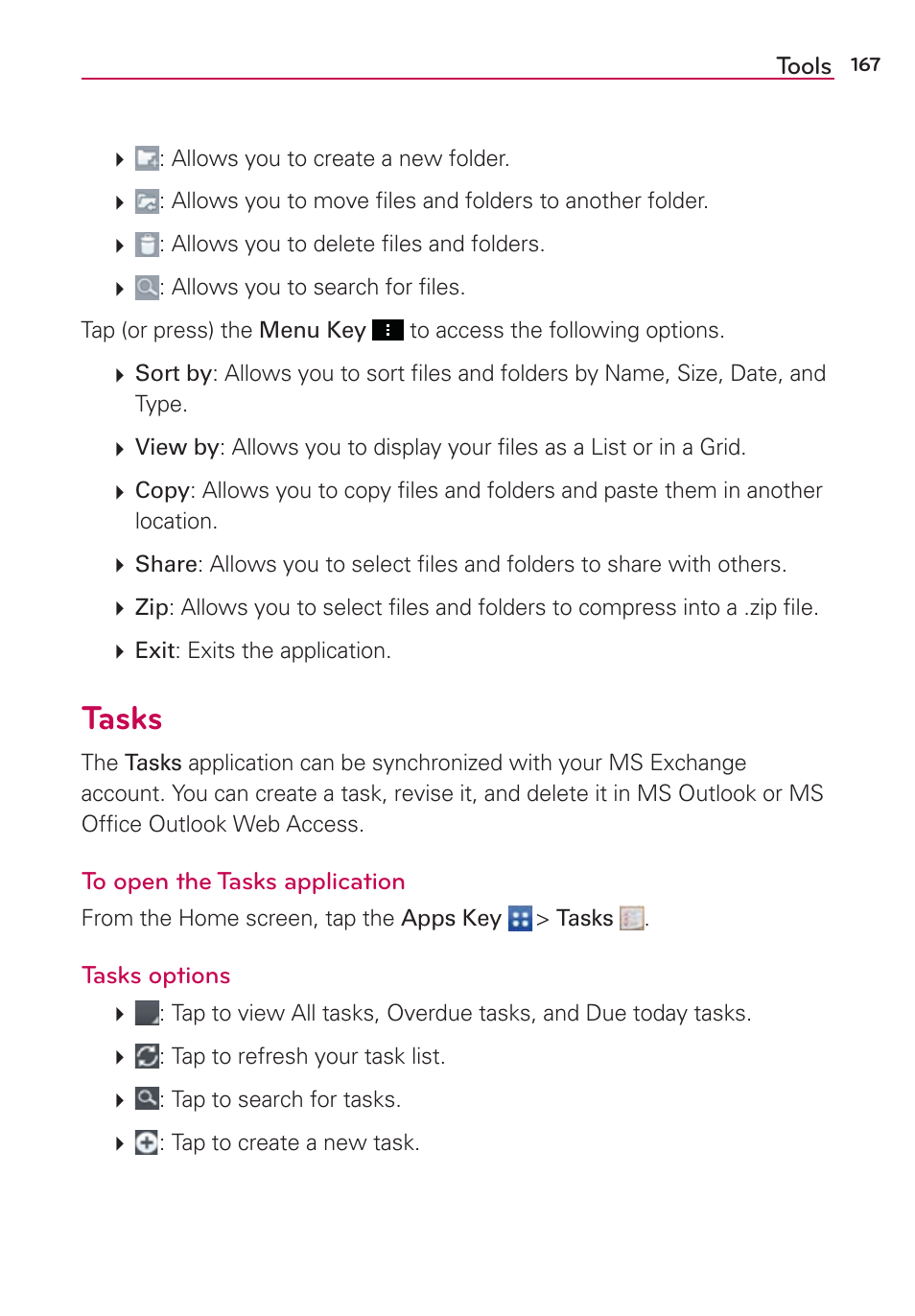 Tasks | LG LGVS890 User Manual | Page 169 / 231