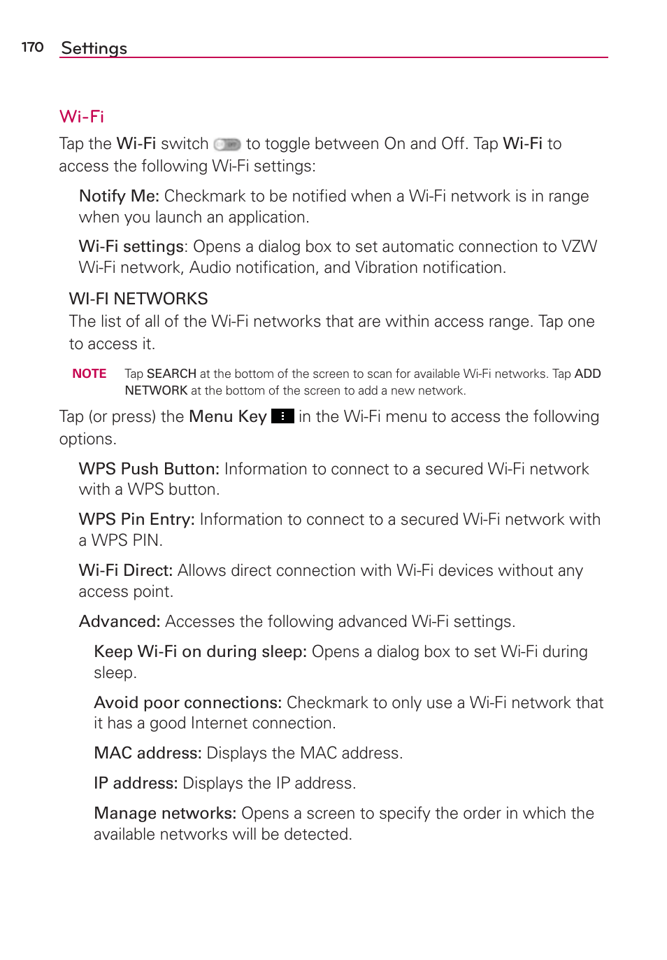 Settings wi-fi | LG LGVS890 User Manual | Page 172 / 231