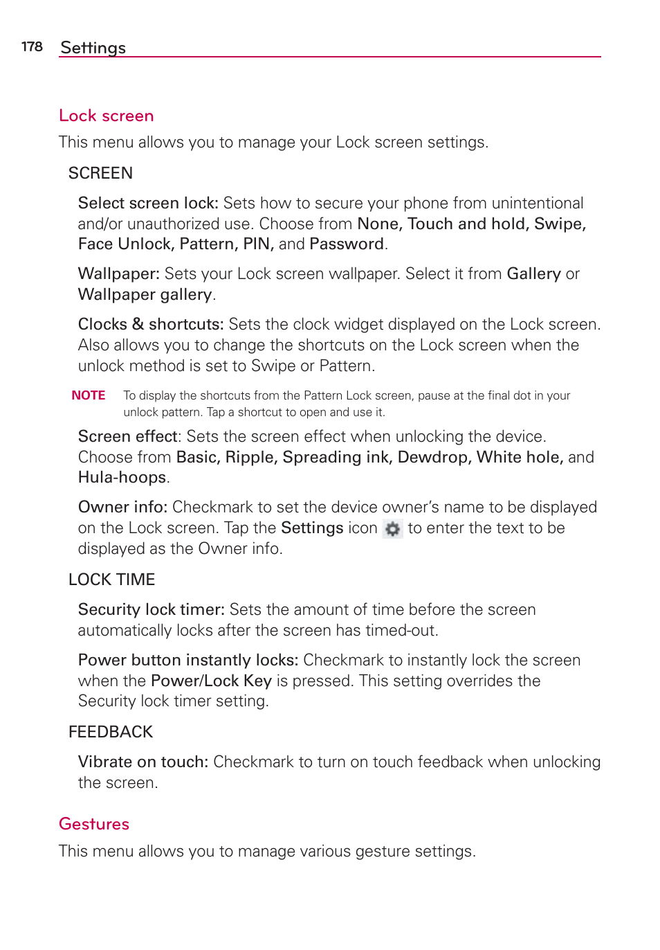 Settings lock screen, Gestures | LG LGVS890 User Manual | Page 180 / 231