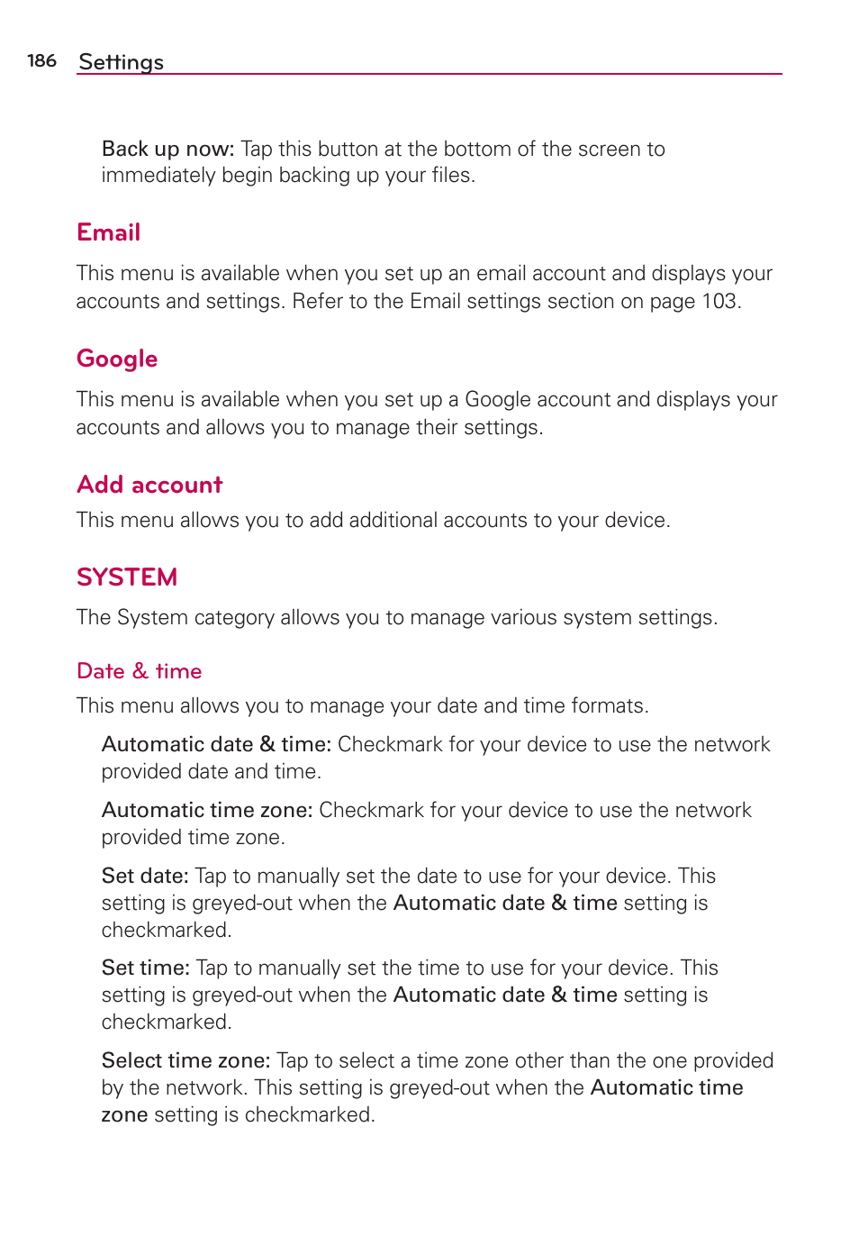 Email, Google, Add account | System | LG LGVS890 User Manual | Page 188 / 231