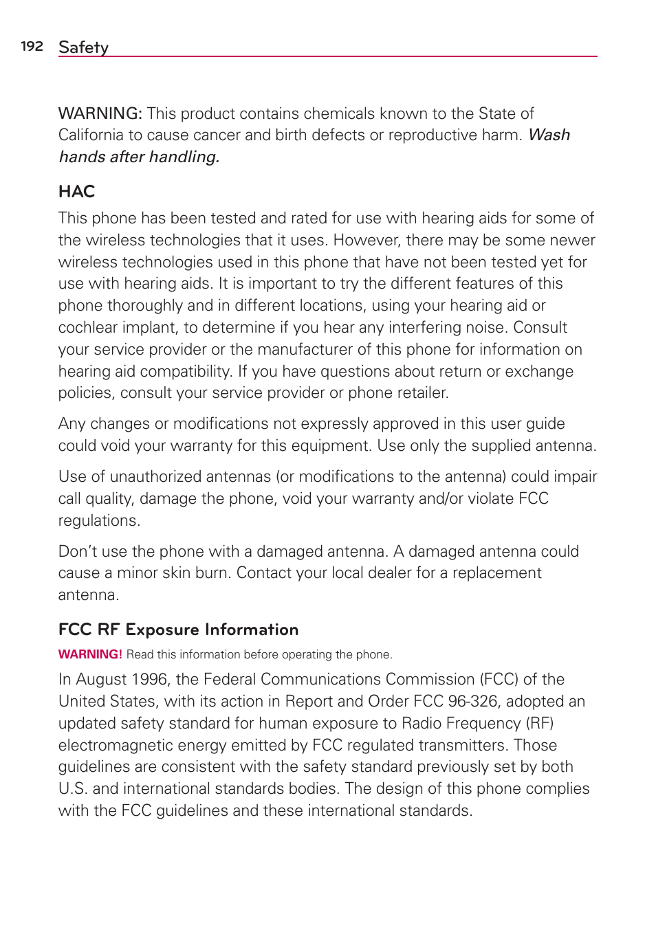 Safety | LG LGVS890 User Manual | Page 194 / 231