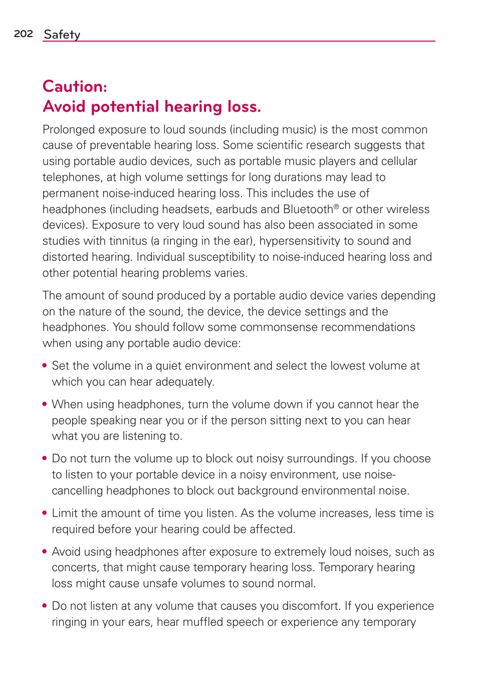 Caution: avoid potential hearing loss | LG LGVS890 User Manual | Page 204 / 231