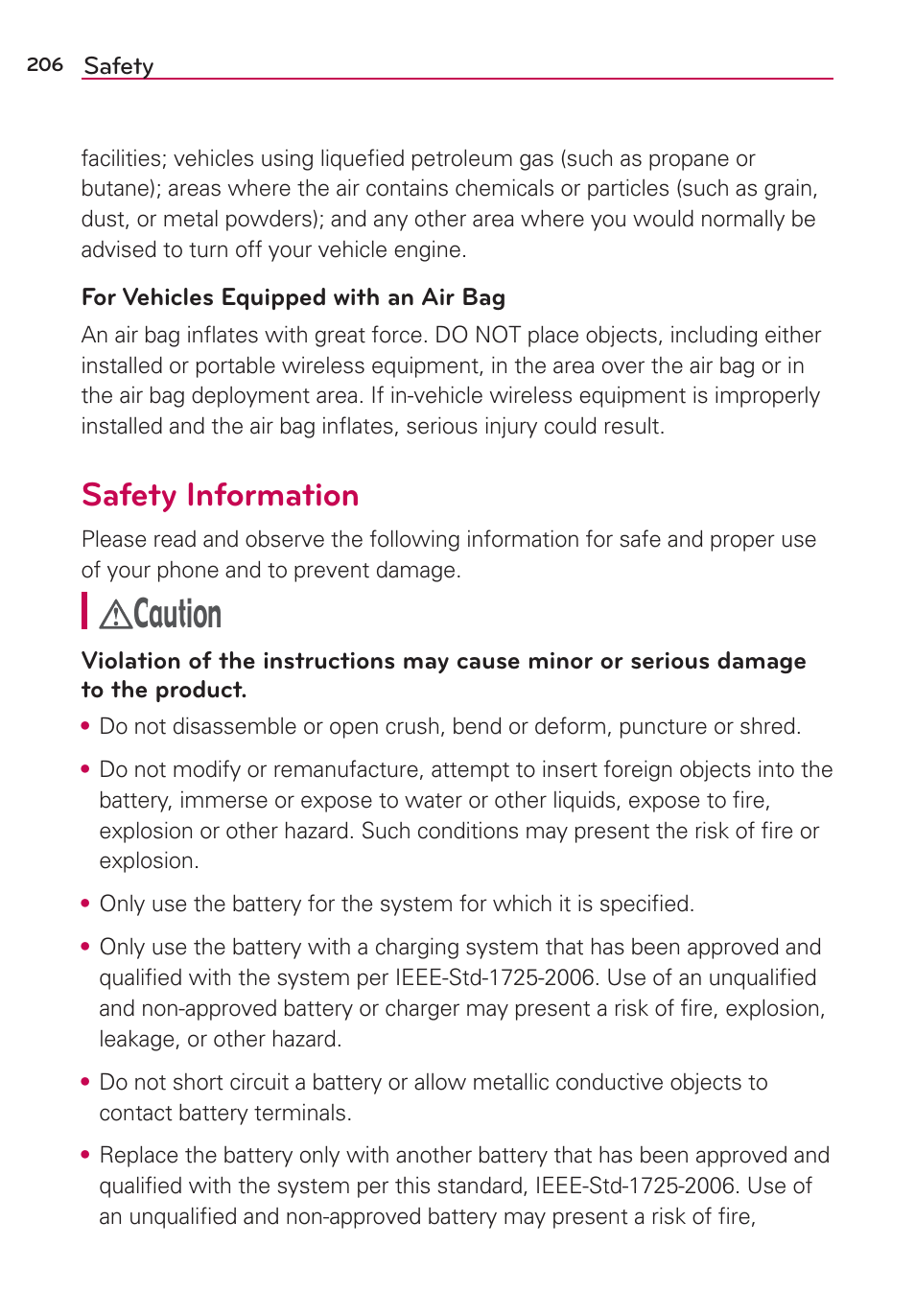 Safety information, Caution | LG LGVS890 User Manual | Page 208 / 231