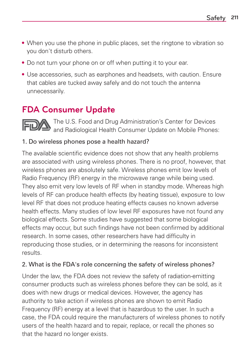 Fda consumer update | LG LGVS890 User Manual | Page 213 / 231