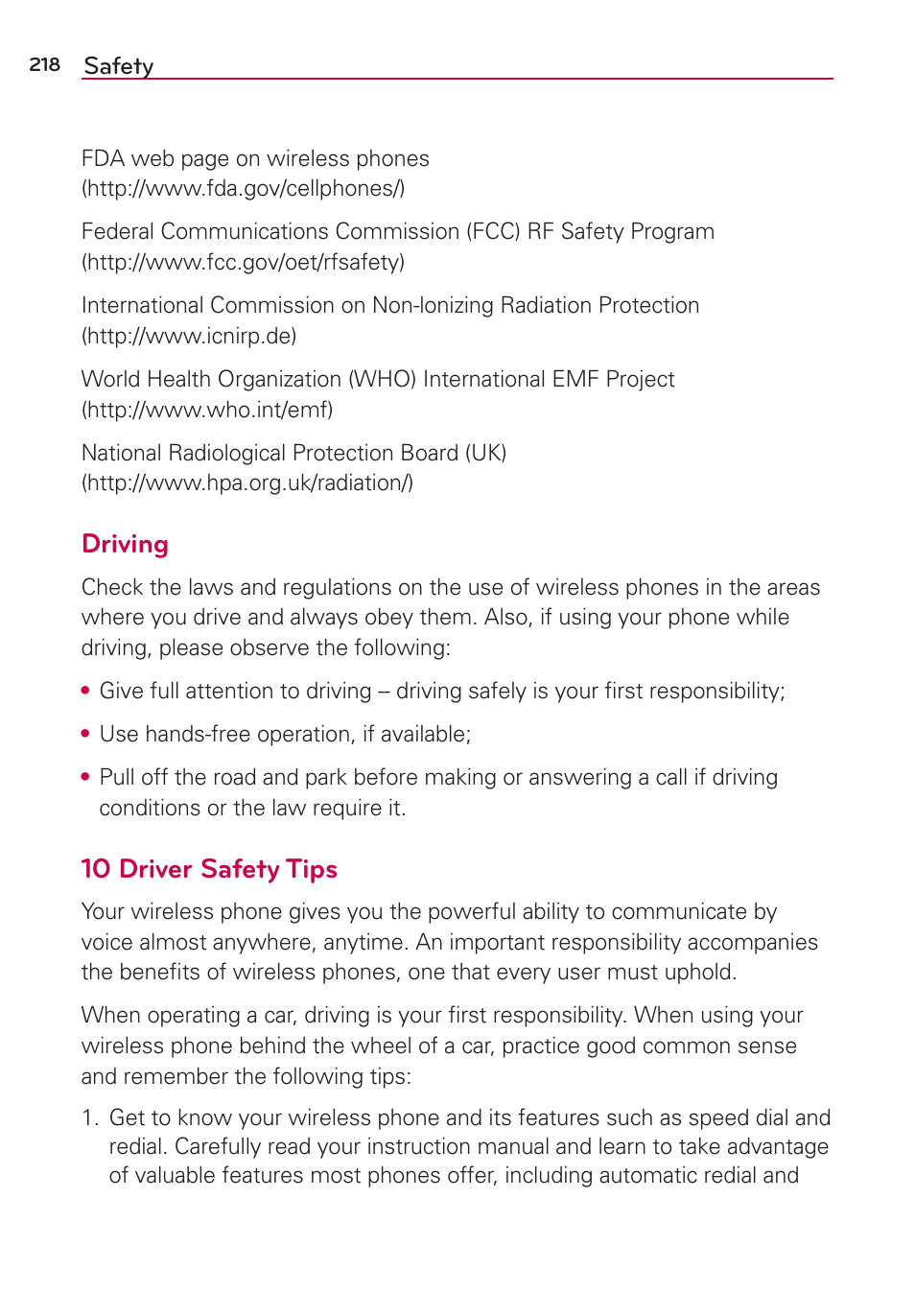 Driving, 10 driver safety tips | LG LGVS890 User Manual | Page 220 / 231