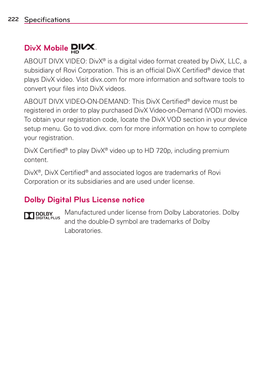 Specifications, Speciﬁcations, Divx mobile | Dolby digital plus license notice | LG LGVS890 User Manual | Page 224 / 231