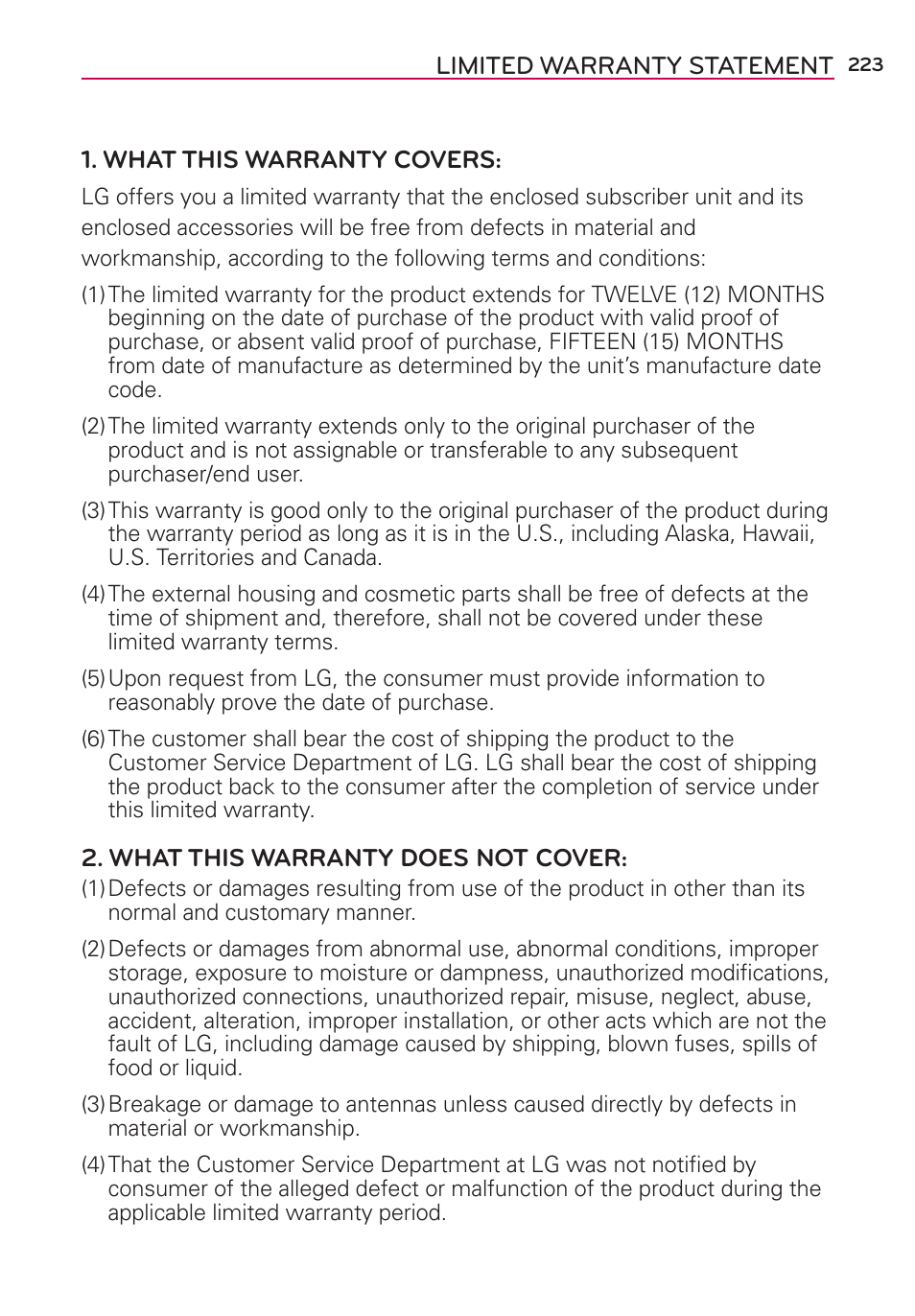 Limited warranty statement | LG LGVS890 User Manual | Page 225 / 231