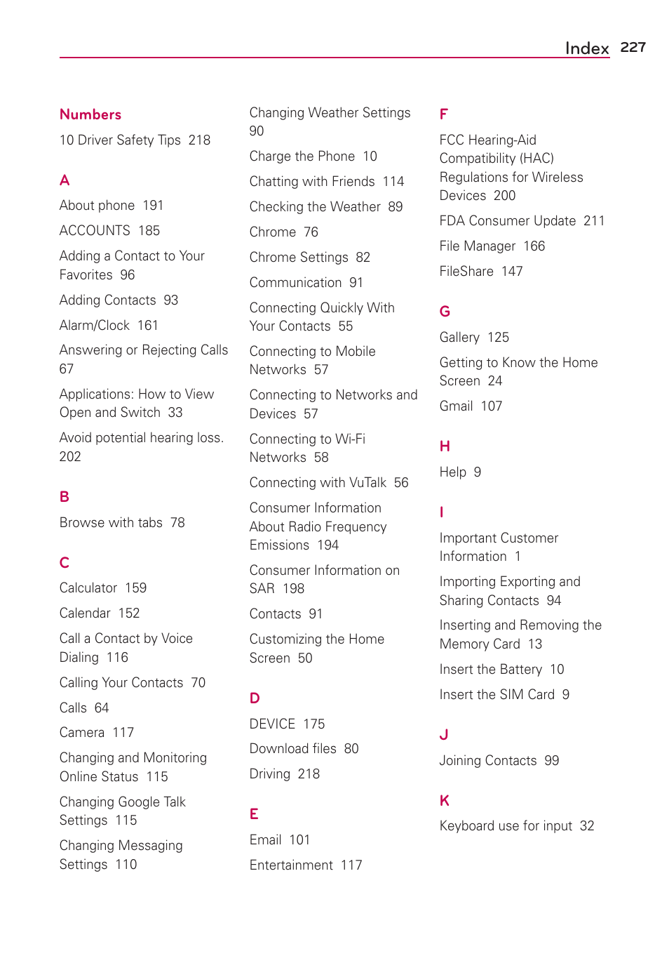 Index | LG LGVS890 User Manual | Page 229 / 231