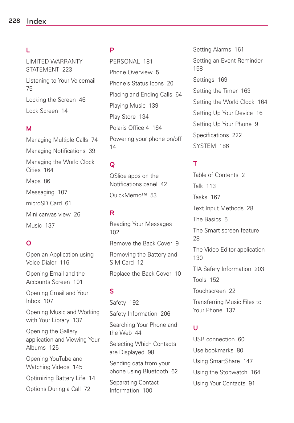Index | LG LGVS890 User Manual | Page 230 / 231