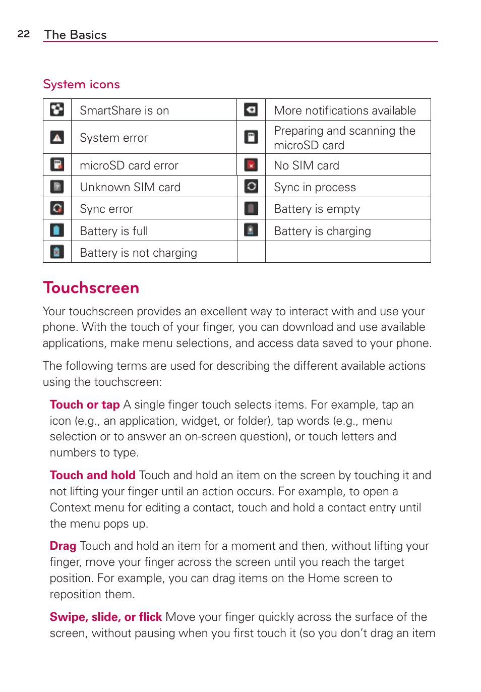 Touchscreen | LG LGVS890 User Manual | Page 24 / 231