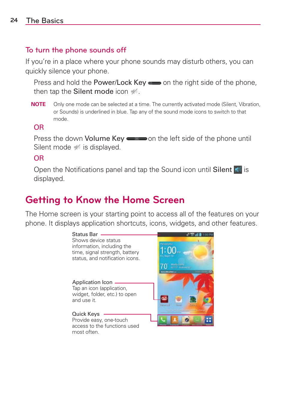 Getting to know the home screen, The basics to turn the phone sounds off | LG LGVS890 User Manual | Page 26 / 231