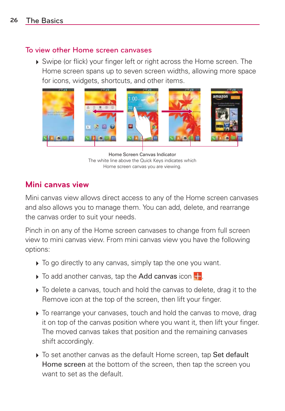 Mini canvas view, The basics to view other home screen canvases | LG LGVS890 User Manual | Page 28 / 231