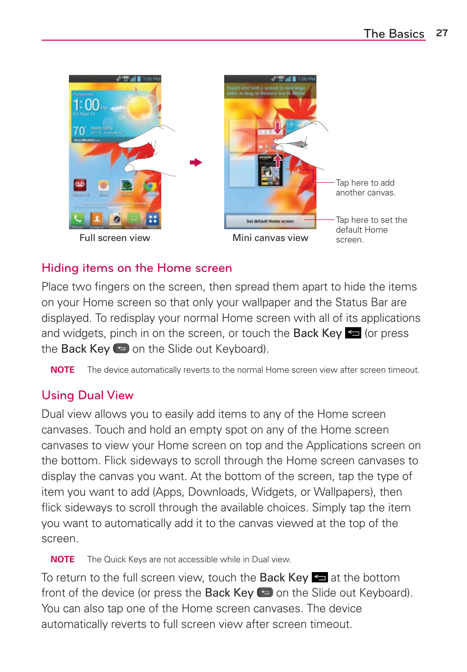 The basics, Hiding items on the home screen, Using dual view | LG LGVS890 User Manual | Page 29 / 231