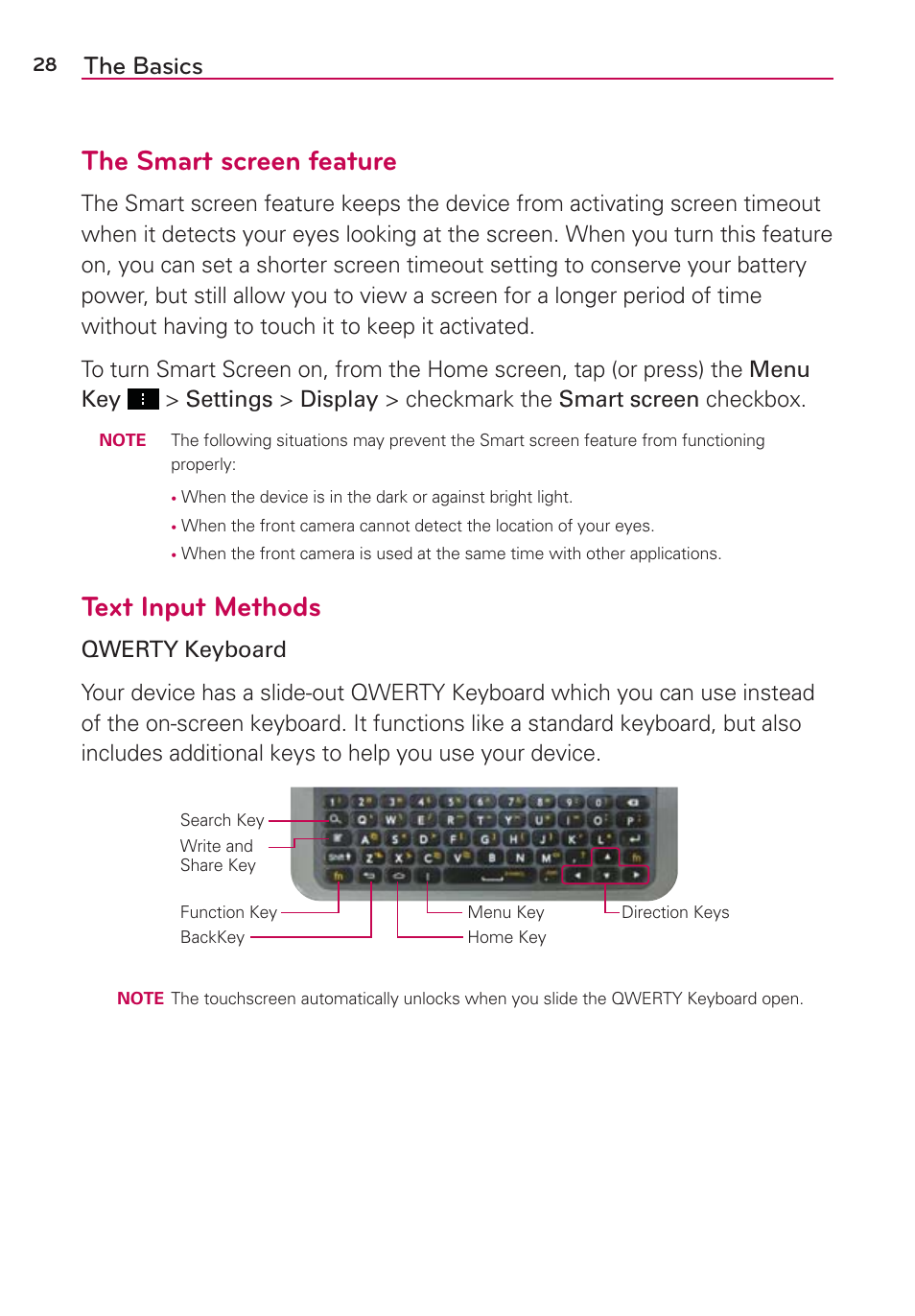 The smart screen feature, Text input methods, The basics | LG LGVS890 User Manual | Page 30 / 231