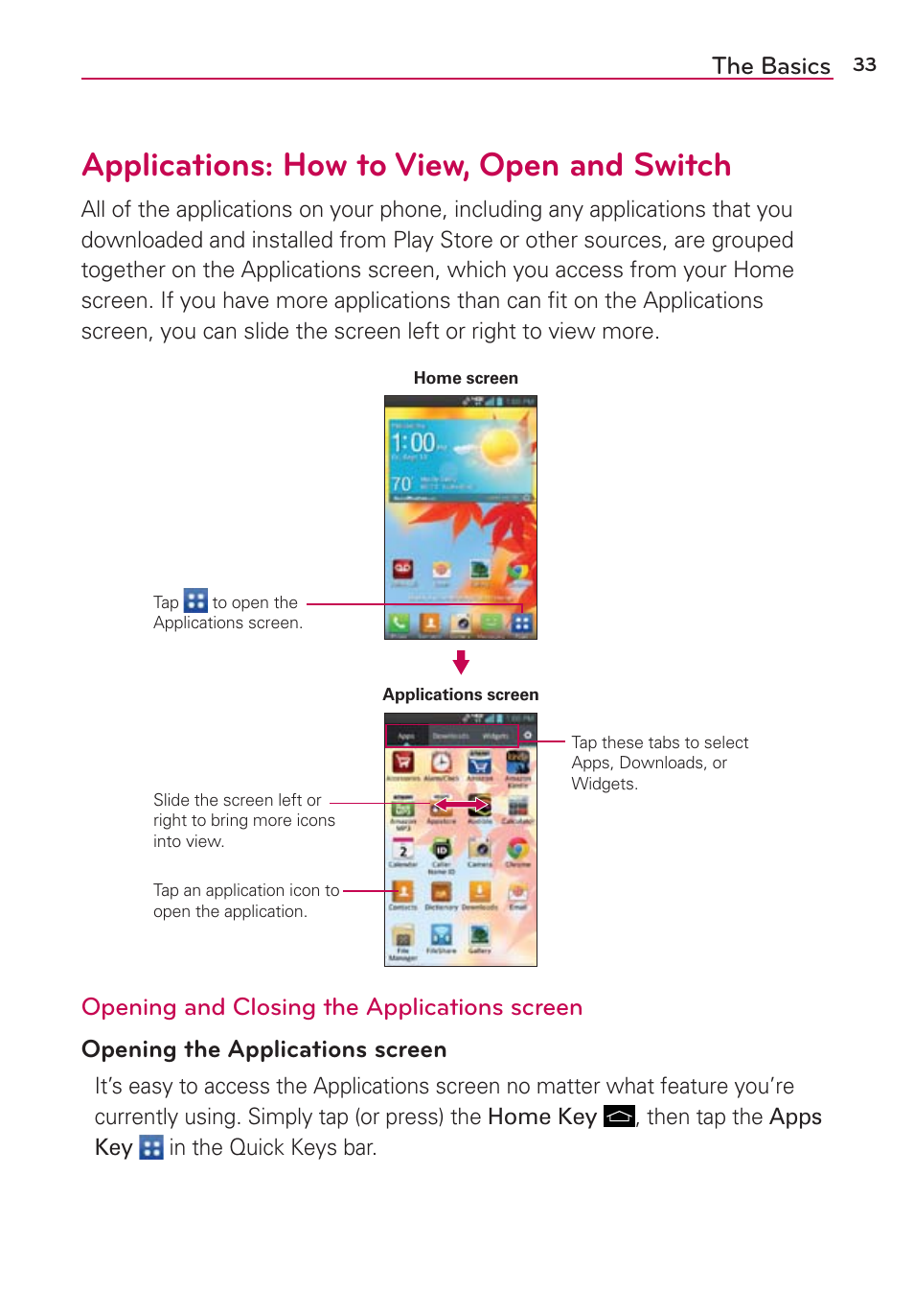 Applications: how to view, open and switch, The basics | LG LGVS890 User Manual | Page 35 / 231