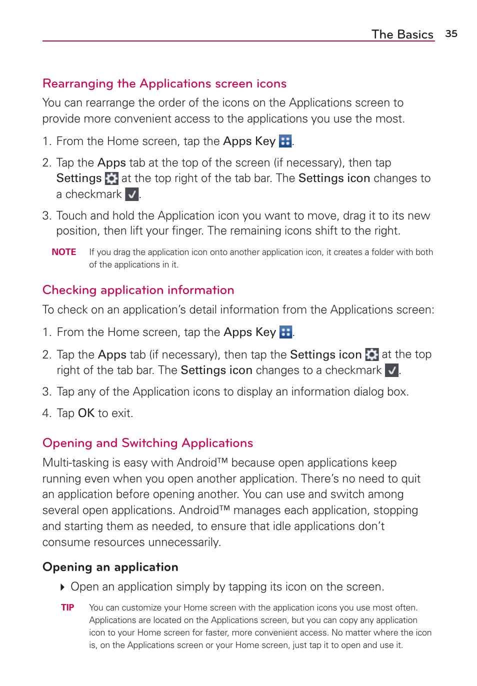 Checking application information, Opening and switching applications, Opening an application | LG LGVS890 User Manual | Page 37 / 231