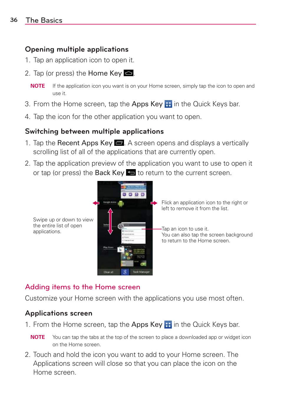 The basics opening multiple applications, Switching between multiple applications, Adding items to the home screen | Applications screen | LG LGVS890 User Manual | Page 38 / 231