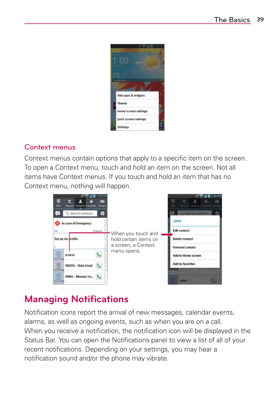 Managing notifications, Managing notiﬁcations | LG LGVS890 User Manual | Page 41 / 231