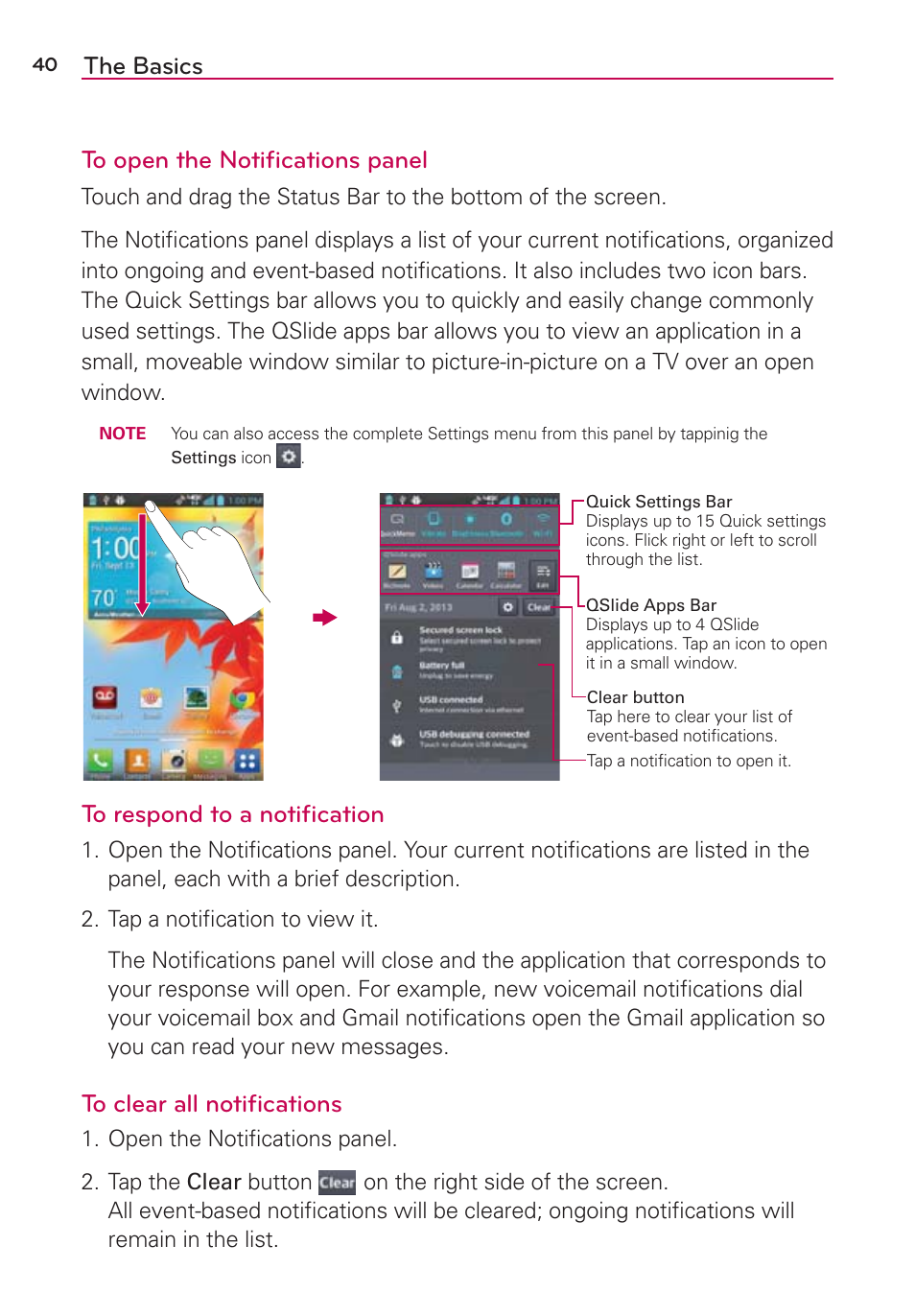 The basics to open the notiﬁcations panel | LG LGVS890 User Manual | Page 42 / 231