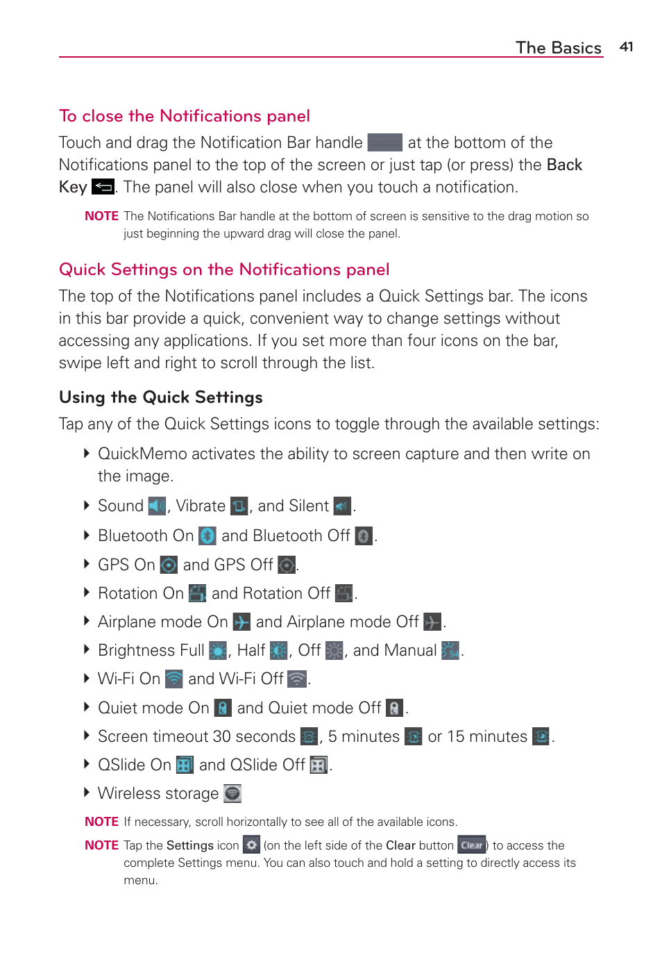 The basics to close the notiﬁcations panel, Quick settings on the notiﬁcations panel, Using the quick settings | LG LGVS890 User Manual | Page 43 / 231