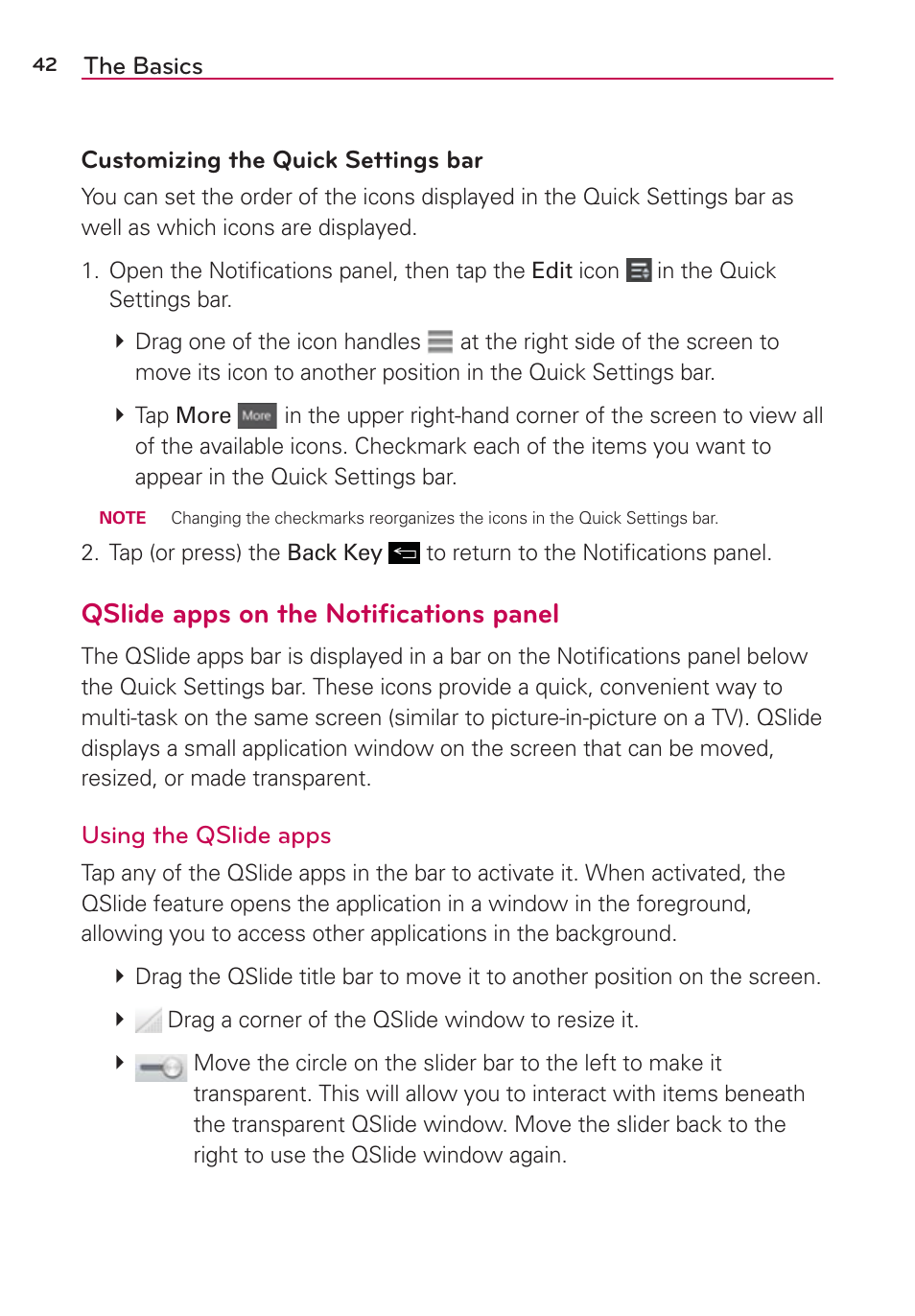 Qslide apps on the notiﬁcations panel | LG LGVS890 User Manual | Page 44 / 231