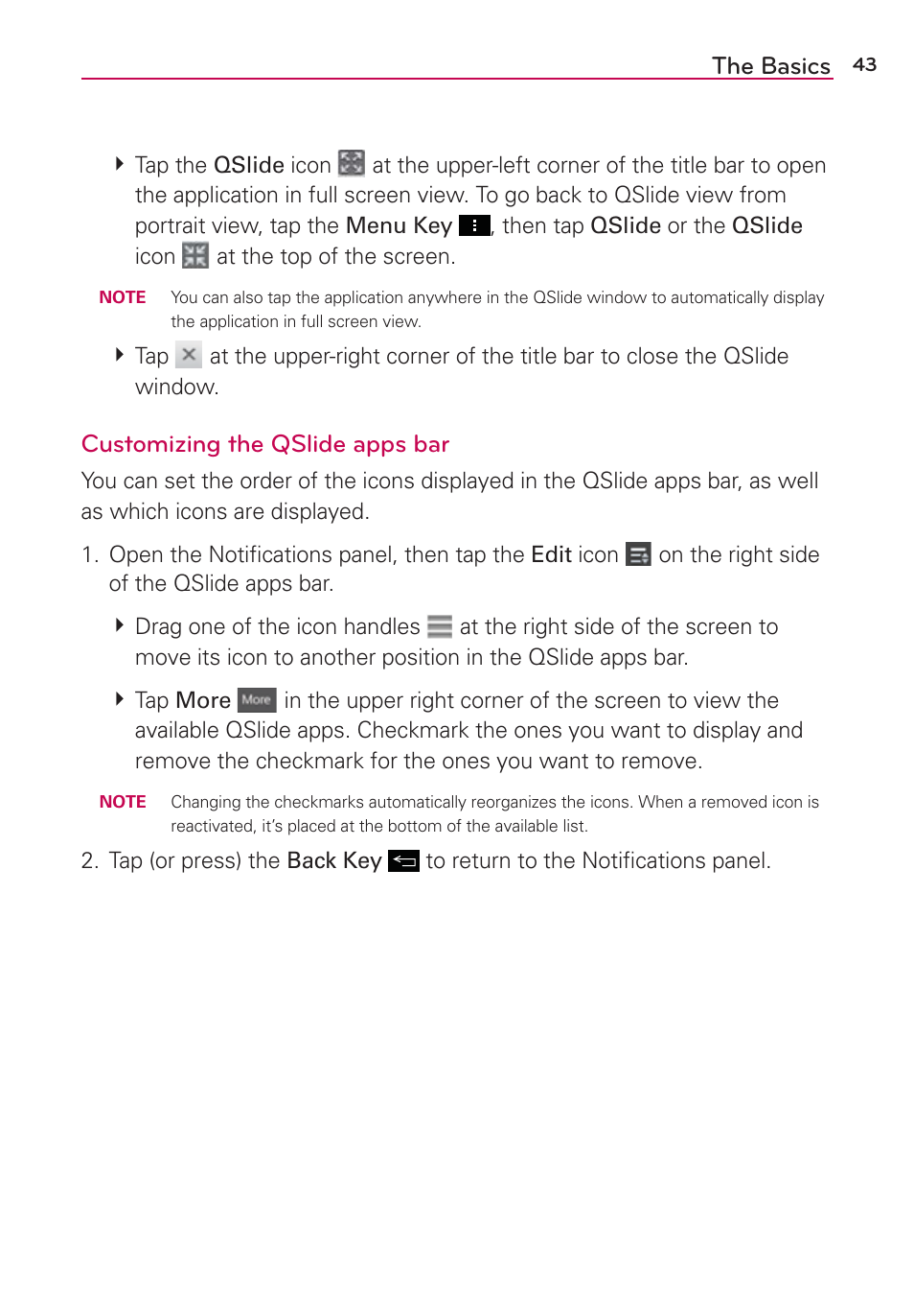 The basics, Customizing the qslide apps bar | LG LGVS890 User Manual | Page 45 / 231