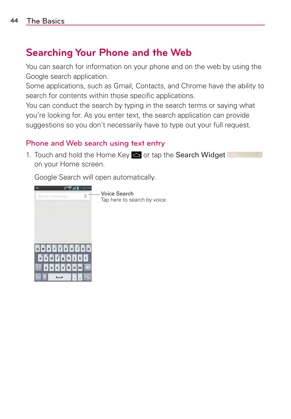 Searching your phone and the web | LG LGVS890 User Manual | Page 46 / 231