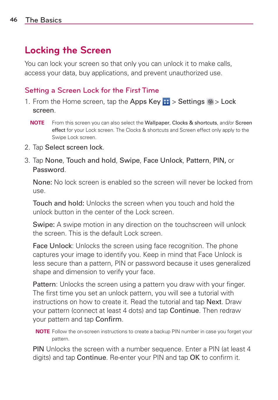 Locking the screen, The basics, Setting a screen lock for the first time | LG LGVS890 User Manual | Page 48 / 231